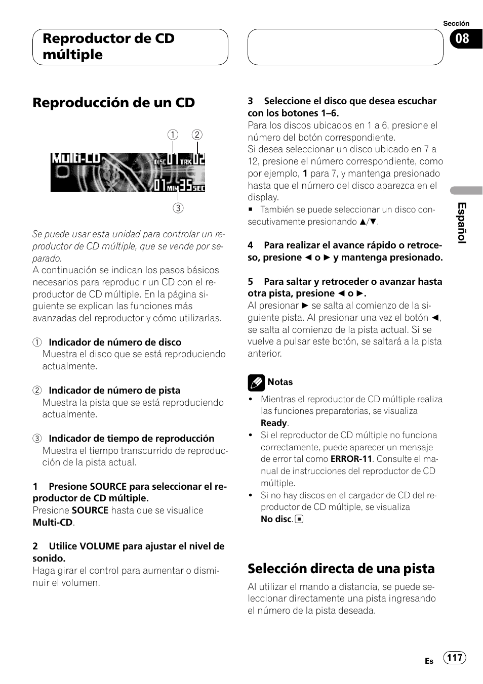 Reproductor de cd múltiple, Reproducción de un cd 117, Selección directa de una pista 117 | Reproducción de un cd, Selección directa de una pista | Pioneer DEH-P9600MP User Manual | Page 117 / 164