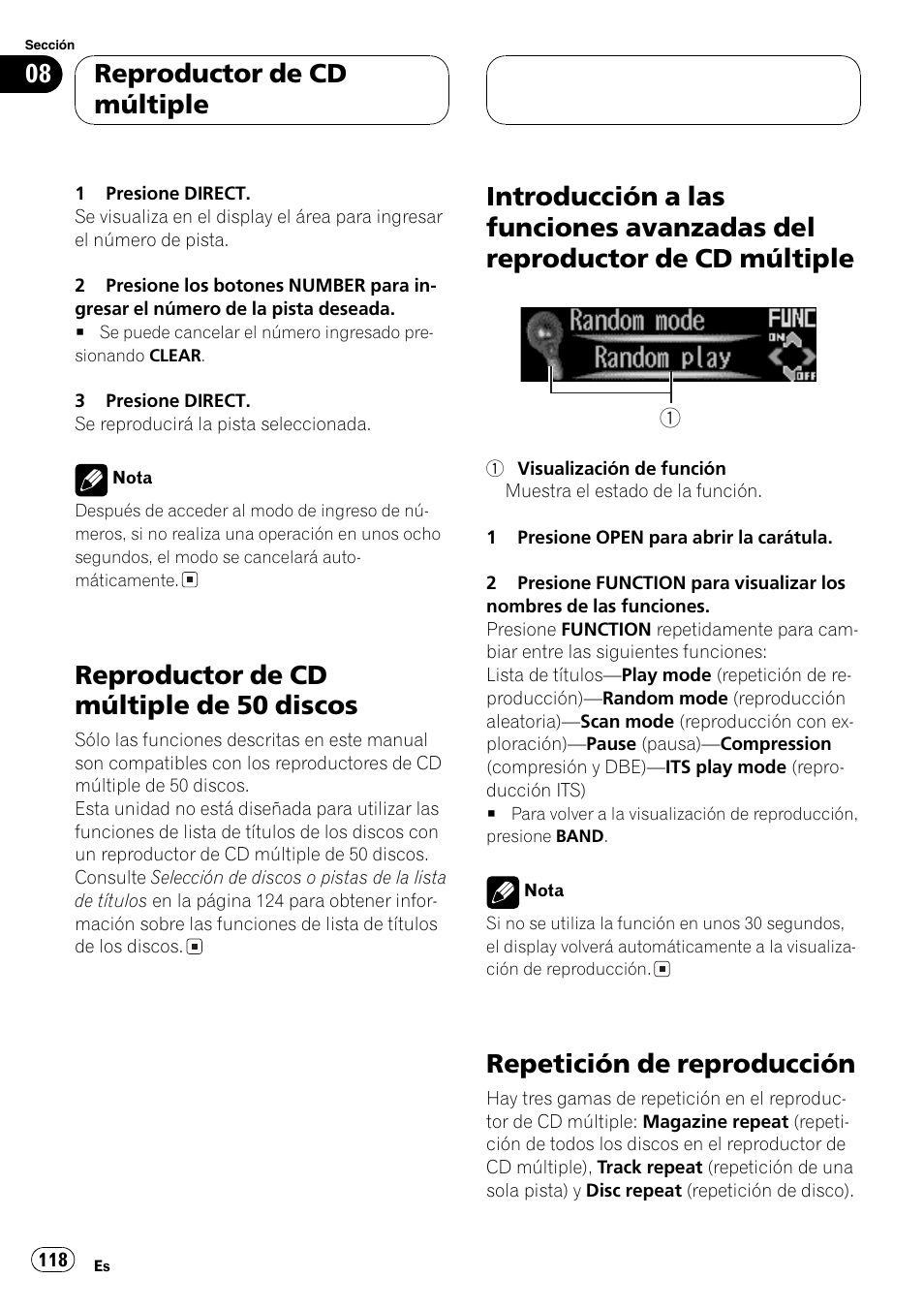 Reproductor de cdmúltiple de 50, Discos 118, Introducción a las funciones avanzadas del | Reproductor de cdmúltiple 118, Repetición de reproducción 118, Reproductor de cd múltiple de 50 discos, Repetición de reproducción, Reproductor de cd múltiple | Pioneer DEH-P9600MP User Manual | Page 118 / 164