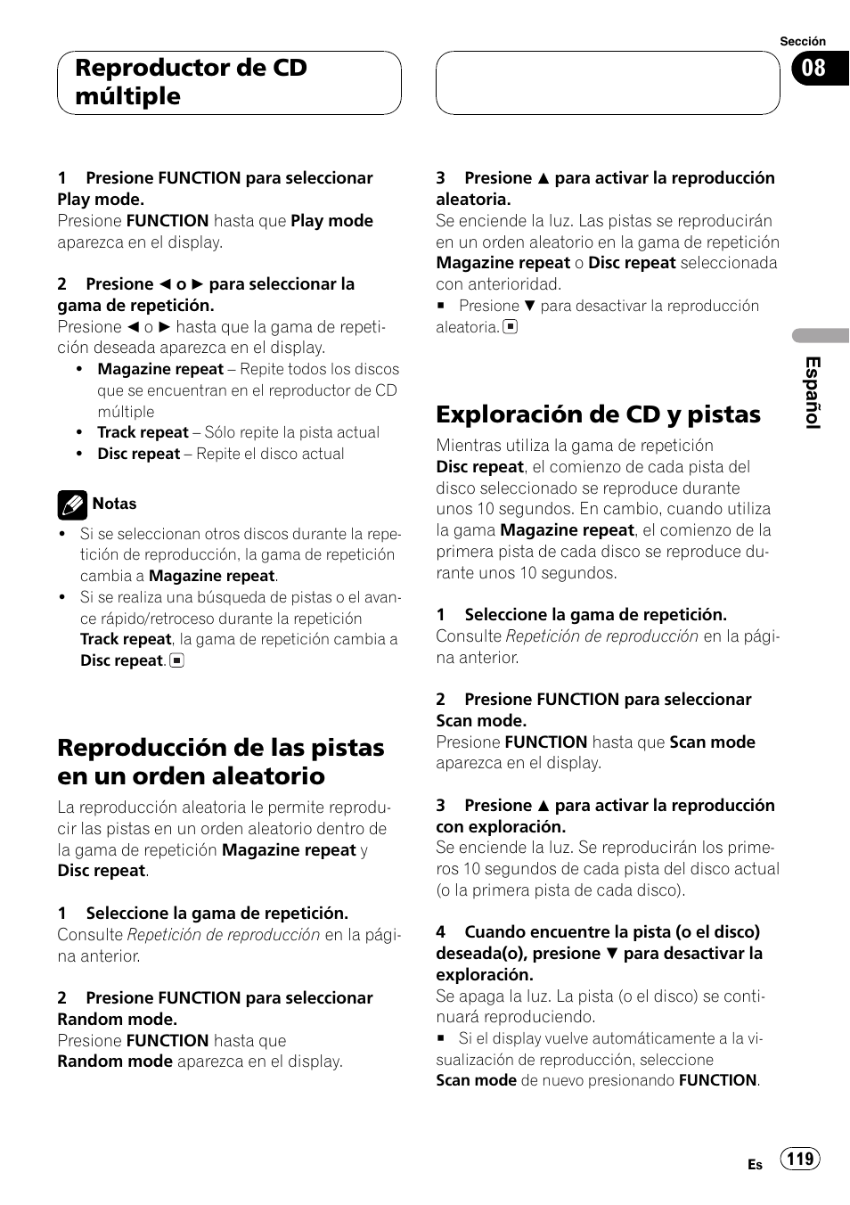 Reproducción de las pistas en un orden, Aleatorio 119, Exploración de cdy pistas 119 | Reproducción de las pistas en un orden aleatorio, Exploración de cd y pistas, Reproductor de cd múltiple | Pioneer DEH-P9600MP User Manual | Page 119 / 164
