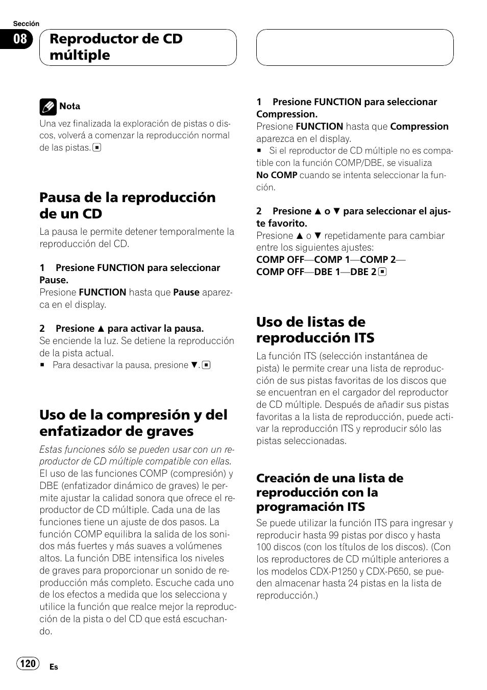 Pausa de la reproducción de un cd 120, Uso de la compresión y del enfatizador de, Graves 120 | Uso de listas de reproducción its 120, Creación de una lista de reproducción, Con la programación its 120, Pausa de la reproducción de un cd, Uso de la compresión y del enfatizador de graves, Uso de listas de reproducción its, Reproductor de cd múltiple | Pioneer DEH-P9600MP User Manual | Page 120 / 164