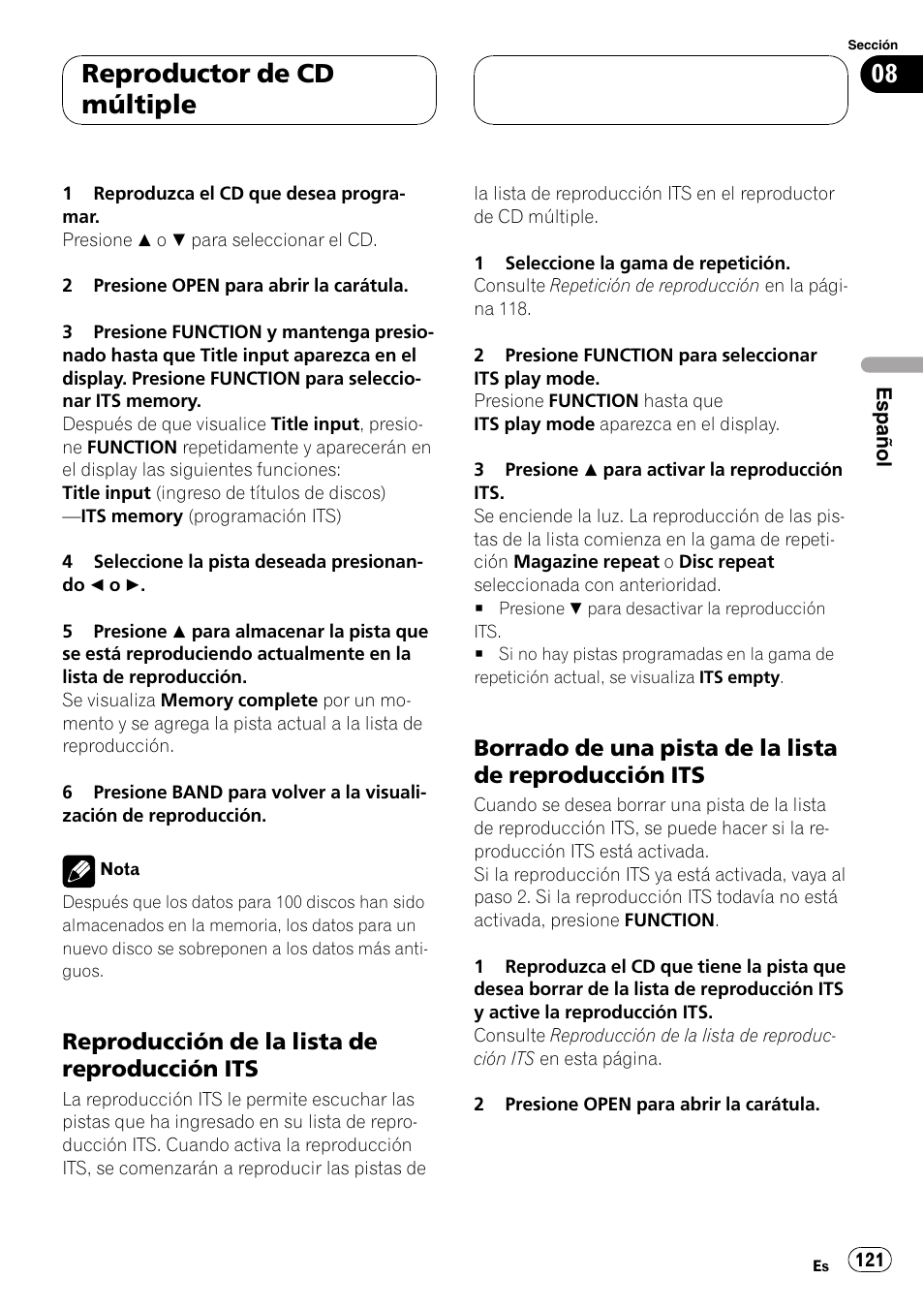 Reproducción de la lista de, Reproducción its 121, Borrado de una pista de la lista de | Reproductor de cd múltiple, Reproducción de la lista de reproducción its | Pioneer DEH-P9600MP User Manual | Page 121 / 164