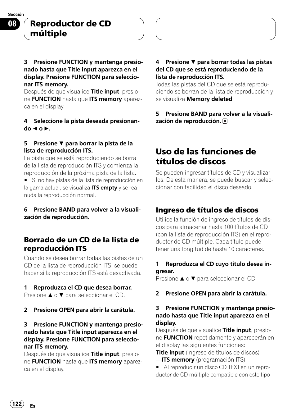 Borrado de un cdde la lista de, Reproducción its 122, Uso de las funciones de títulos de | Discos 122, Ingreso de títulos de discos 122, Uso de las funciones de títulos de discos, Reproductor de cd múltiple | Pioneer DEH-P9600MP User Manual | Page 122 / 164