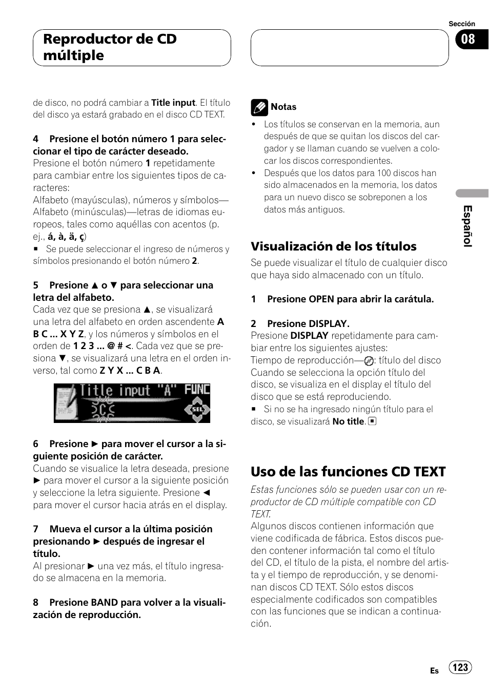 Visualización de los títulos 123, Uso de las funciones cdtext 123, Uso de las funciones cd text | Reproductor de cd múltiple, Visualización de los títulos | Pioneer DEH-P9600MP User Manual | Page 123 / 164