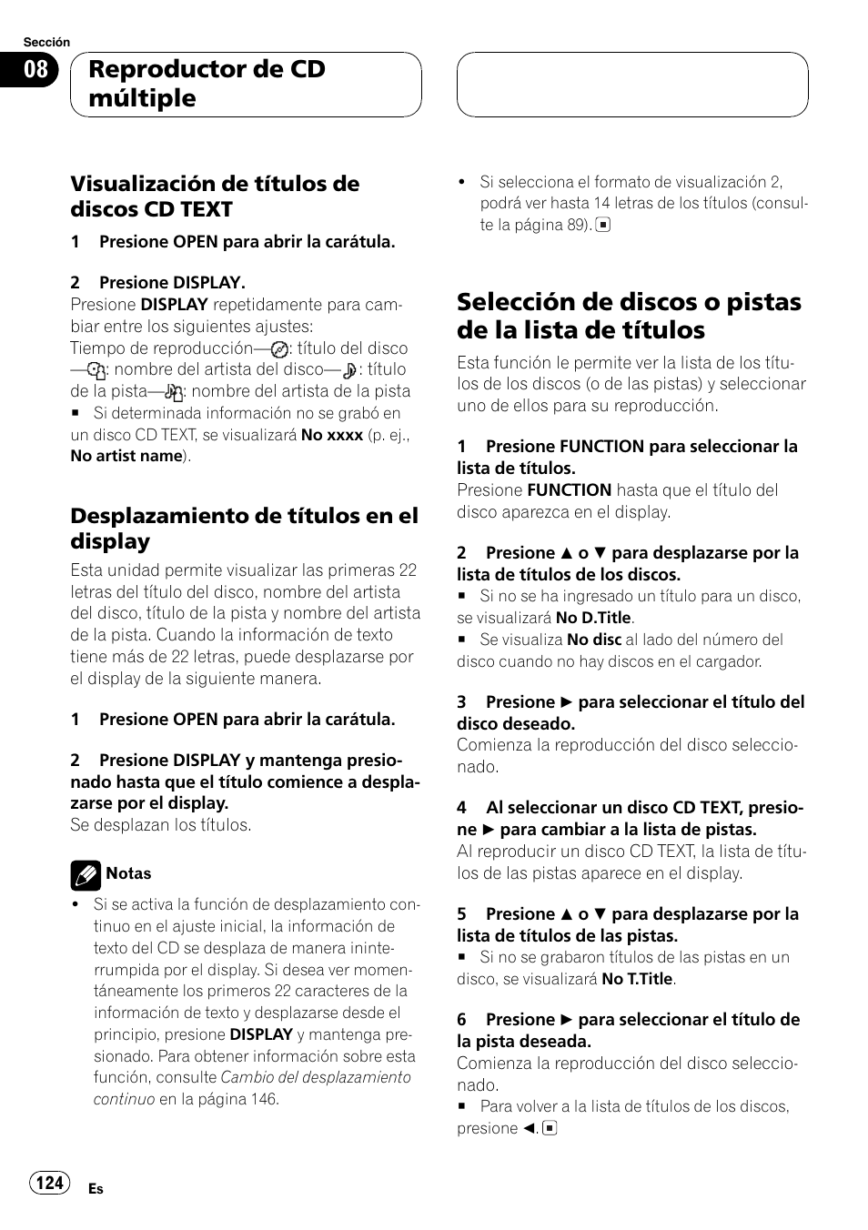 Visualización de títulos de discos cd, Text 124, Desplazamiento de títulos en el | Display 124, Selección de discos o pistas de la lista de, Títulos 124, Reproductor de cd múltiple | Pioneer DEH-P9600MP User Manual | Page 124 / 164
