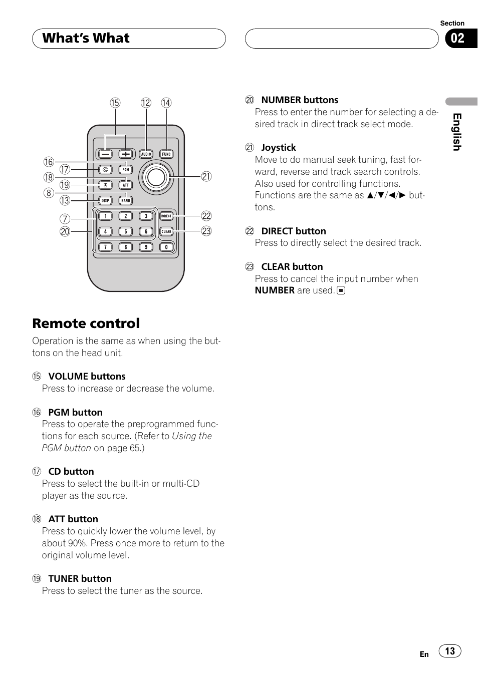 Remote control 13, Remote control, Whats w hat | Pioneer DEH-P9600MP User Manual | Page 13 / 164