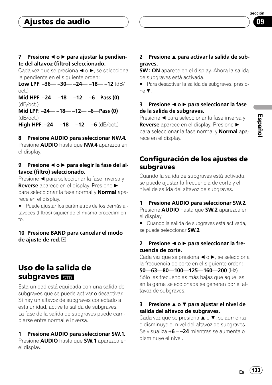 Uso de la salida de subgraves, Configuración de los ajustes de, Subgraves 133 | En la, Ajustes de audio, Configuración de los ajustes de subgraves | Pioneer DEH-P9600MP User Manual | Page 133 / 164