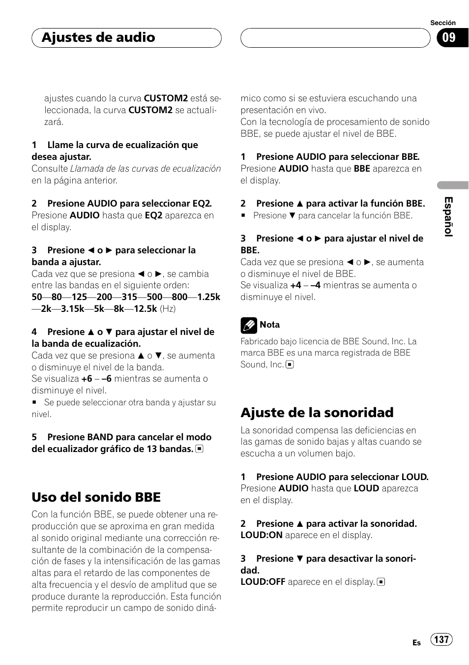 Uso del sonido bbe 137, Ajuste de la sonoridad 137, Uso del sonido bbe | Ajuste de la sonoridad, Ajustes de audio | Pioneer DEH-P9600MP User Manual | Page 137 / 164