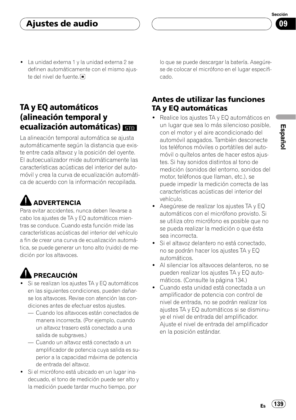Ta y eq automáticos (alineación temporal y, Ecualización automáticas), Antes de utilizar las funciones ta y eq | Automáticas 139, En la pági, Na 139, Ta y eq automáticos, Alineación temporal y ecualización automáti, Cas), Ajustes de audio | Pioneer DEH-P9600MP User Manual | Page 139 / 164