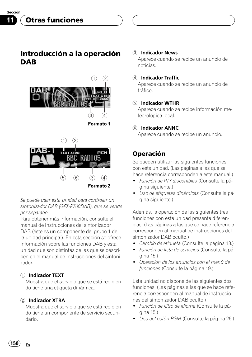 Introducción a la operación dab 150, Operación 150, Introducción a la operación dab | Otras funciones | Pioneer DEH-P9600MP User Manual | Page 150 / 164