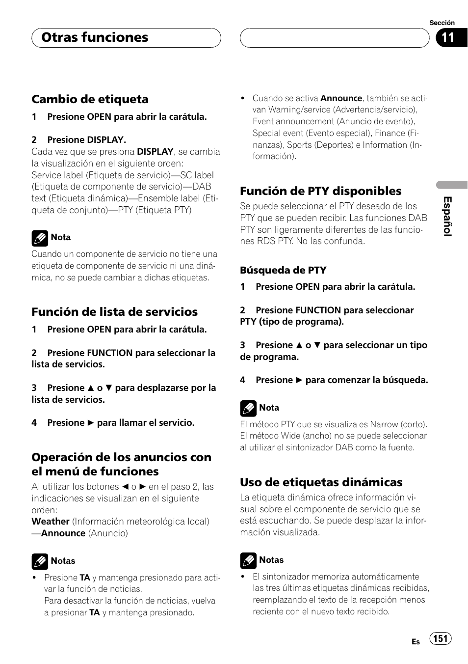 Cambio de etiqueta 151, Función de lista de servicios 151, Operación de los anuncios con el | Menú de funciones 151, Función de pty disponibles 151, Uso de etiquetas dinámicas 151, Función de pty disponibles, La pá, Gina siguiente.), Uso de etiquetas dinámicas | Pioneer DEH-P9600MP User Manual | Page 151 / 164