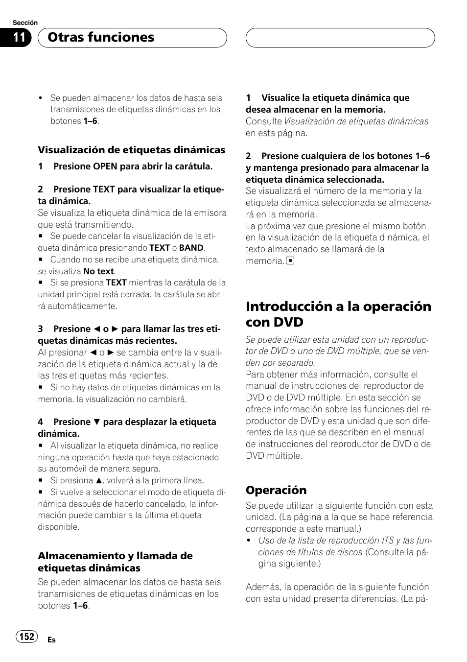 Introducción a la operación con dvd 152, Operación 152, Introducción a la operación con dvd | Otras funciones, Operación | Pioneer DEH-P9600MP User Manual | Page 152 / 164