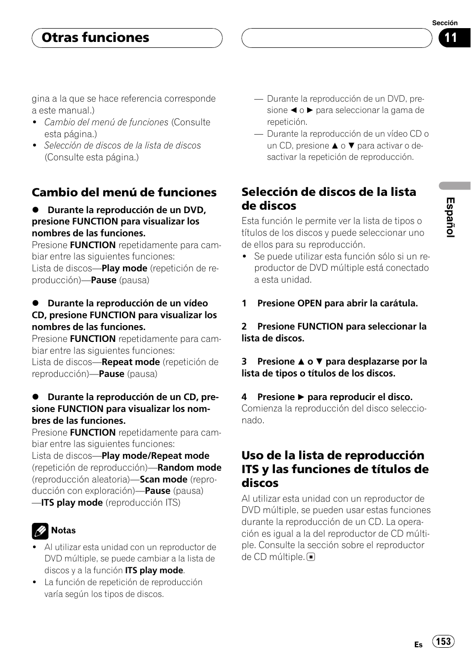 Cambio del menú de funciones 153, Selección de discos de la lista de, Discos 153 | Uso de la lista de reproducción its y, Las funciones de títulos de discos 153, Uso de la lista de reproducción its y las fun, Ciones de títulos de discos, La pá, Gina siguiente.), Otras funciones | Pioneer DEH-P9600MP User Manual | Page 153 / 164