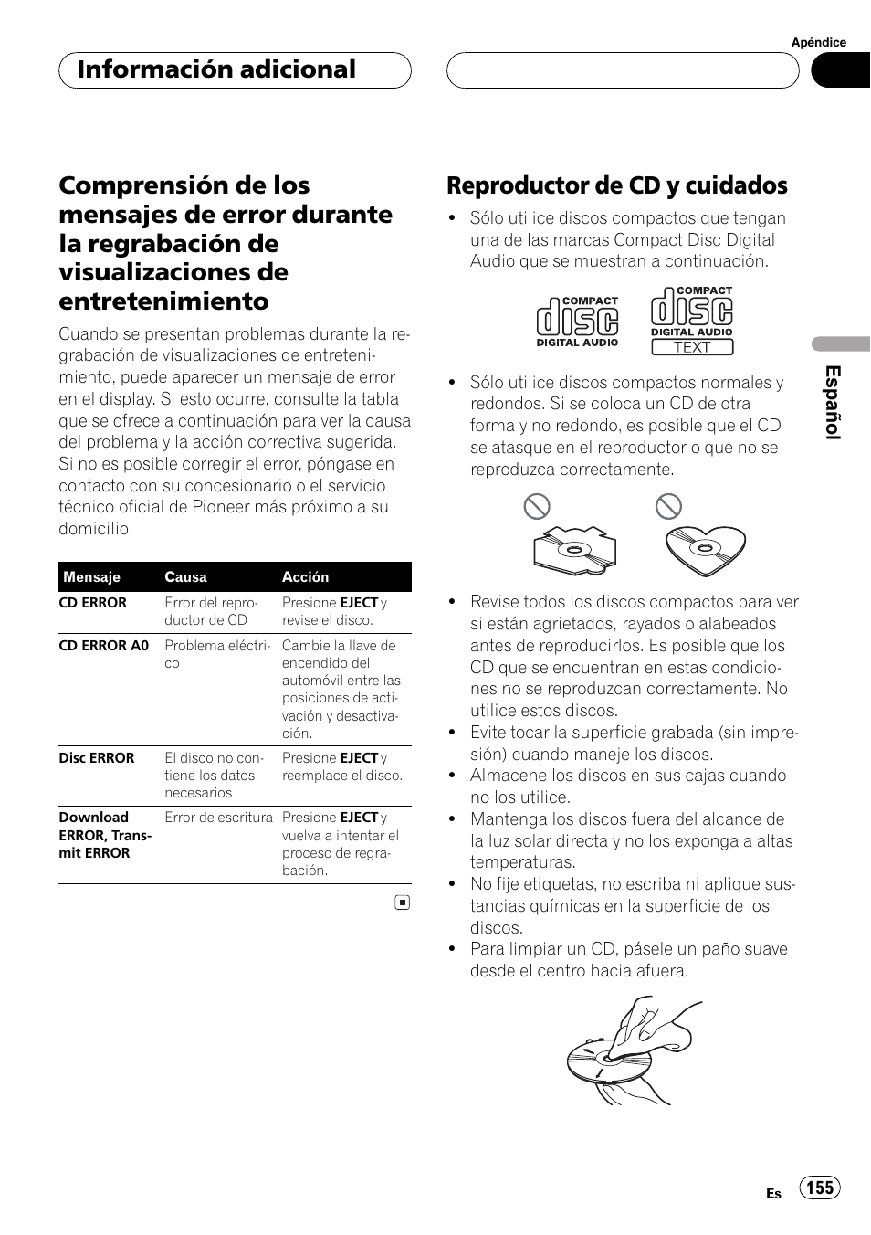 Comprensión de los mensajes de error, Durante la regrabación de visualizaciones, De entretenimiento 155 | Reproductor de cdy cuidados 155, Reproductor de cd y cuidados, Información adicional | Pioneer DEH-P9600MP User Manual | Page 155 / 164