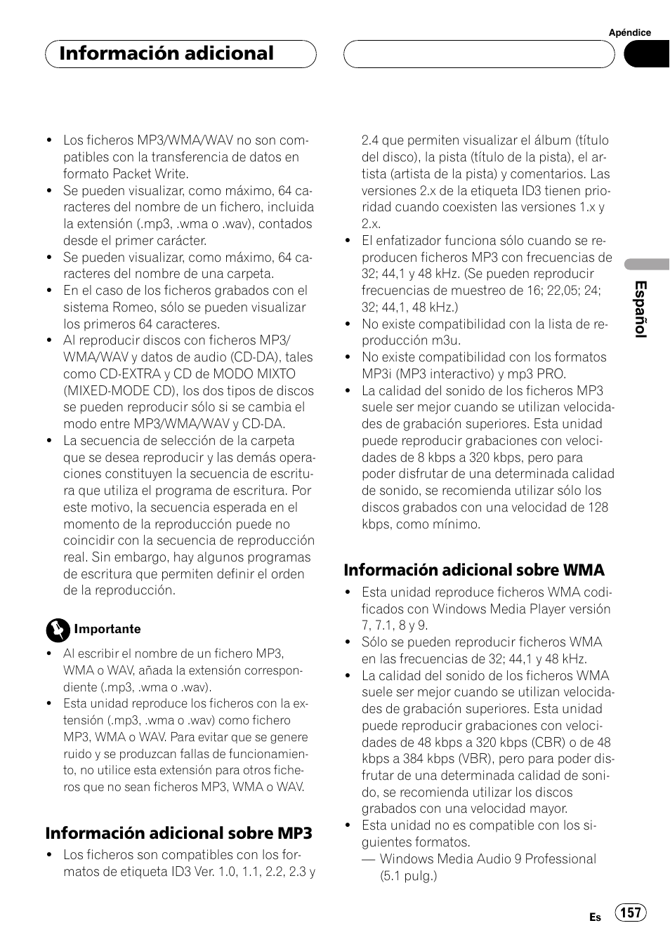 Información adicional sobre, Mp3 157, Wma 157 | Información adicional, Información adicional sobre mp3, Información adicional sobre wma | Pioneer DEH-P9600MP User Manual | Page 157 / 164