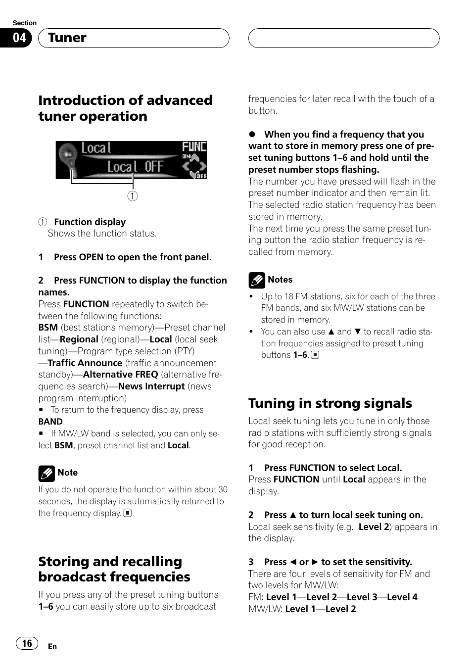 Introduction of advanced tuner, Operation 16, Storing and recalling broadcast | Frequencies 16, Tuning in strong signals 16, Introduction of advanced tuner operation, Storing and recalling broadcast frequencies, Tuning in strong signals, Tuner | Pioneer DEH-P9600MP User Manual | Page 16 / 164
