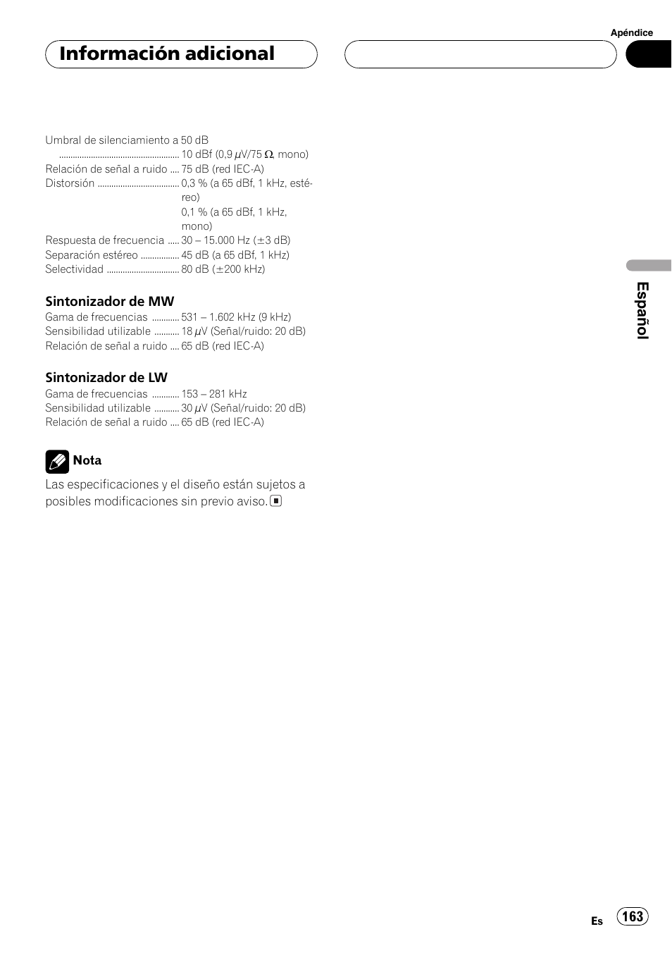 Información adicional, Español | Pioneer DEH-P9600MP User Manual | Page 163 / 164