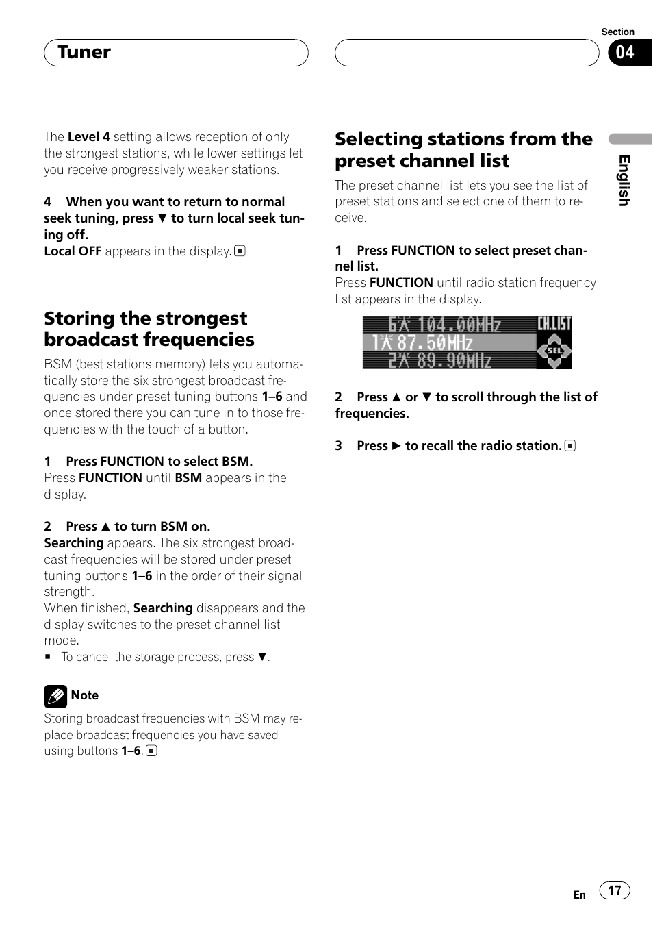 Storing the strongest broadcast, Frequencies 17, Selecting stations from the preset channel | List 17, Storing the strongest broadcast frequencies, Selecting stations from the preset channel list, Tuner | Pioneer DEH-P9600MP User Manual | Page 17 / 164