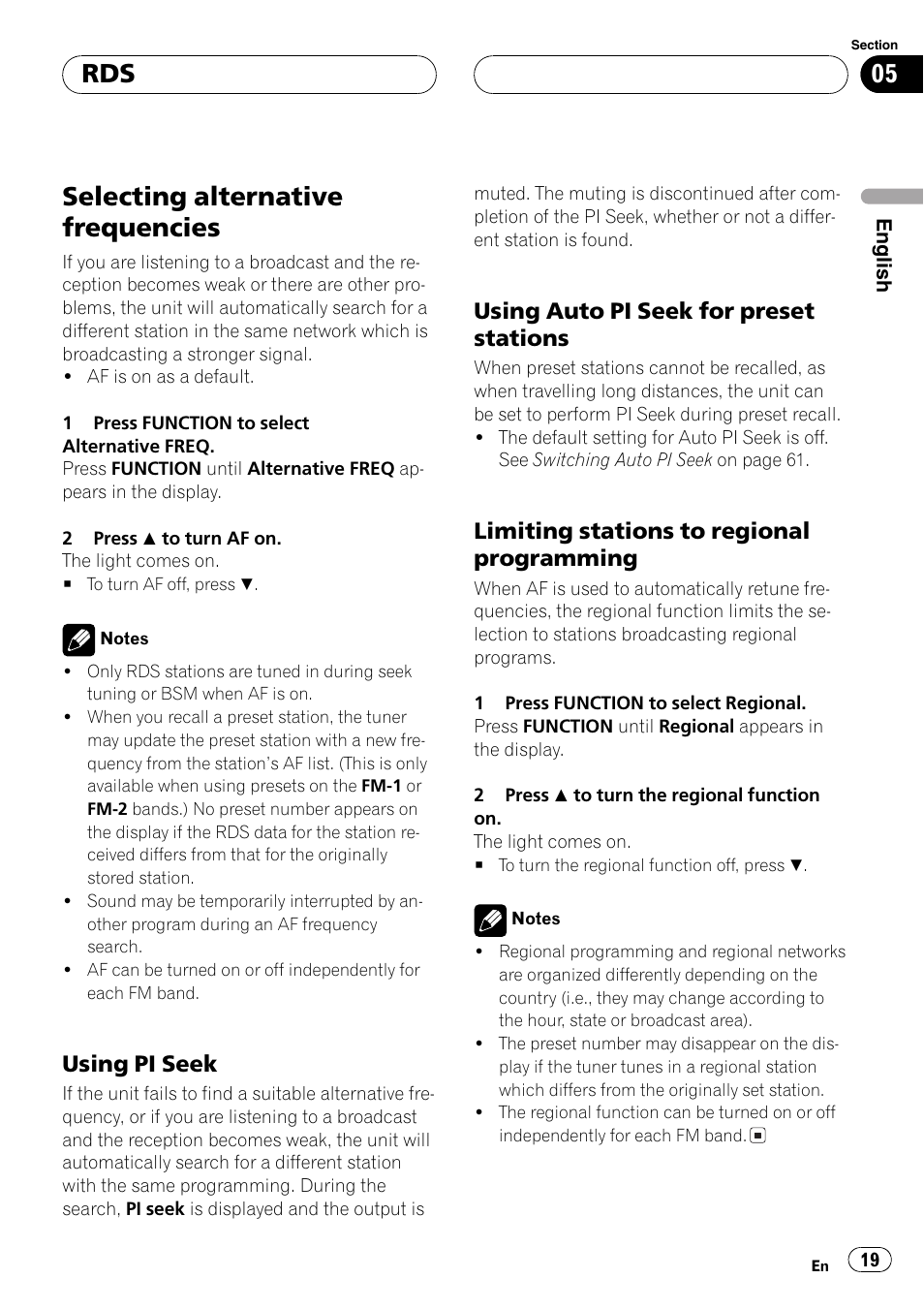 Selecting alternative frequencies 19, Using pi seek 19, Using auto pi seek for preset | Stations 19, Limiting stations to regional, Programming 19, Selecting alternative frequencies, Using pi seek, Using auto pi seek for preset stations, Limiting stations to regional programming | Pioneer DEH-P9600MP User Manual | Page 19 / 164