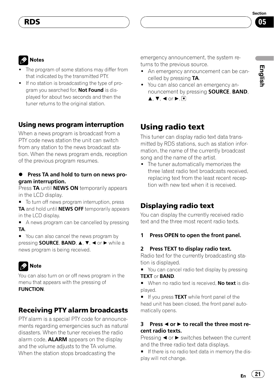 Using news program interruption 21, Receiving pty alarm broadcasts 21, Using radio text 21 | Displaying radio text 21, Using radio text, Using news program interruption, Receiving pty alarm broadcasts, Displaying radio text | Pioneer DEH-P9600MP User Manual | Page 21 / 164