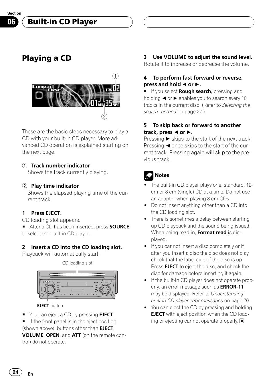 Built-in cd player, Playing a cd 24, Playing a cd | Pioneer DEH-P9600MP User Manual | Page 24 / 164