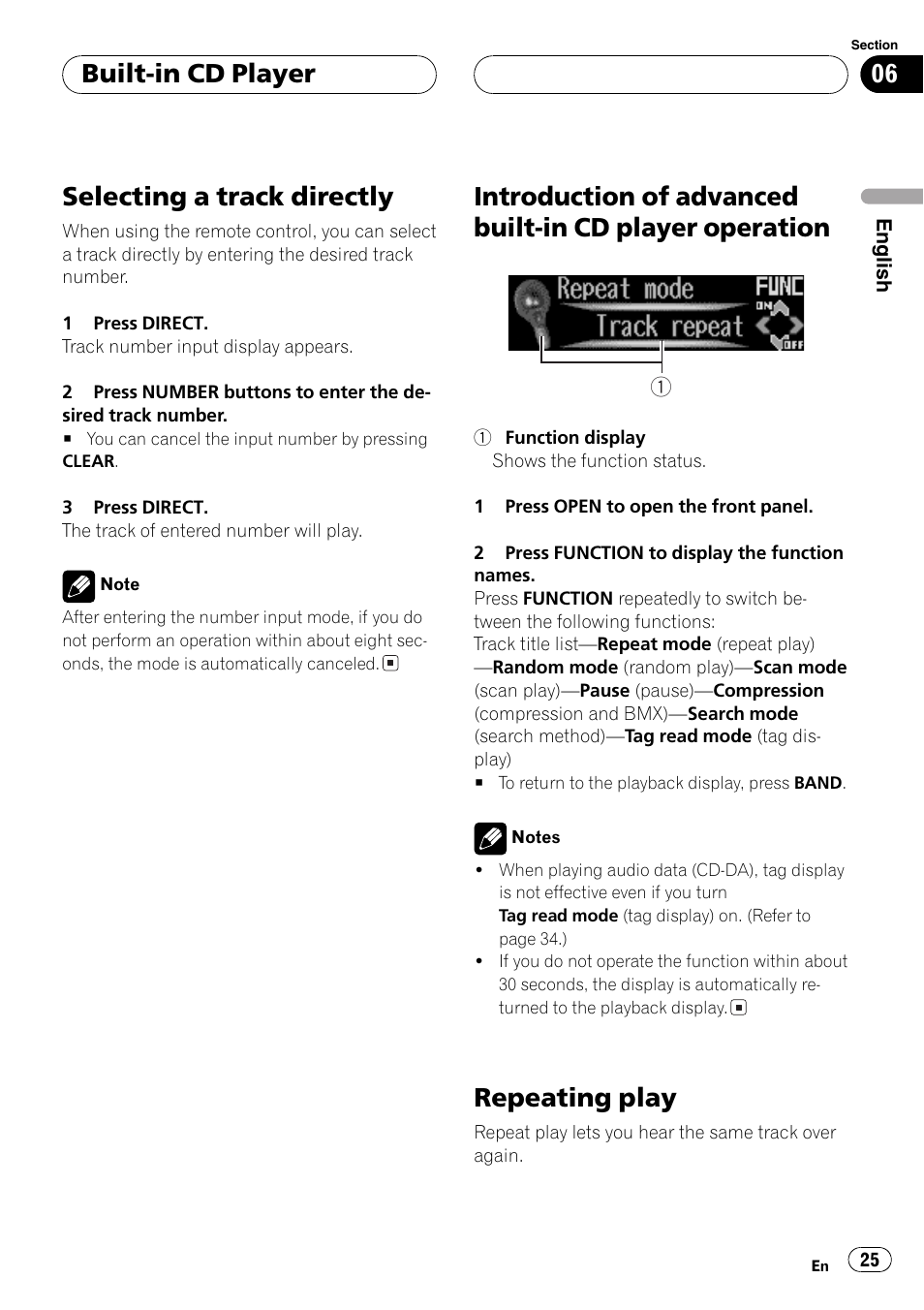 Selecting a track directly 25, Introduction of advanced built-in cdplayer, Operation 25 | Repeating play 25, Selecting a track directly, Repeating play, Built-in cd player | Pioneer DEH-P9600MP User Manual | Page 25 / 164