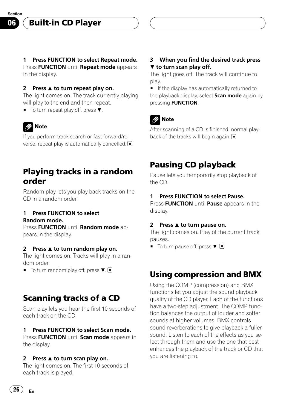 Playing tracks in a random order 26, Scanning tracks of a cd 26, Pausing cdplayback 26 | Using compression and bmx 26, Playing tracks in a random order, Scanning tracks of a cd, Pausing cd playback, Using compression and bmx, Built-in cd player | Pioneer DEH-P9600MP User Manual | Page 26 / 164