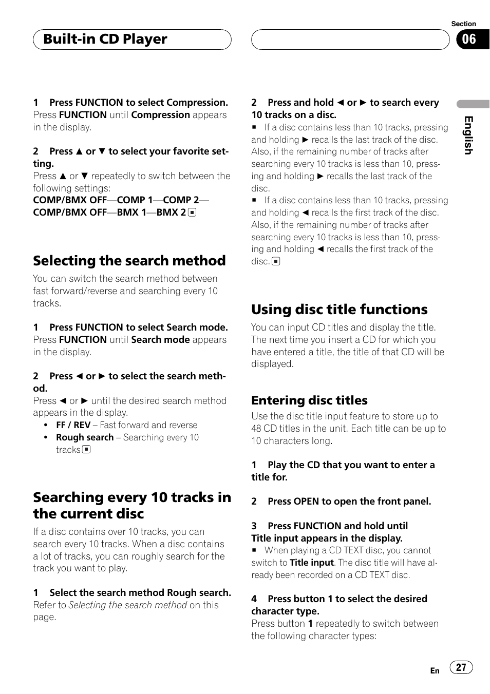 Selecting the search method 27, Searching every 10 tracks in the current, Disc 27 | Using disc title functions 27, Entering disc titles 27, Selecting the search method, Searching every 10 tracks in the current disc, Using disc title functions, Built-in cd player | Pioneer DEH-P9600MP User Manual | Page 27 / 164