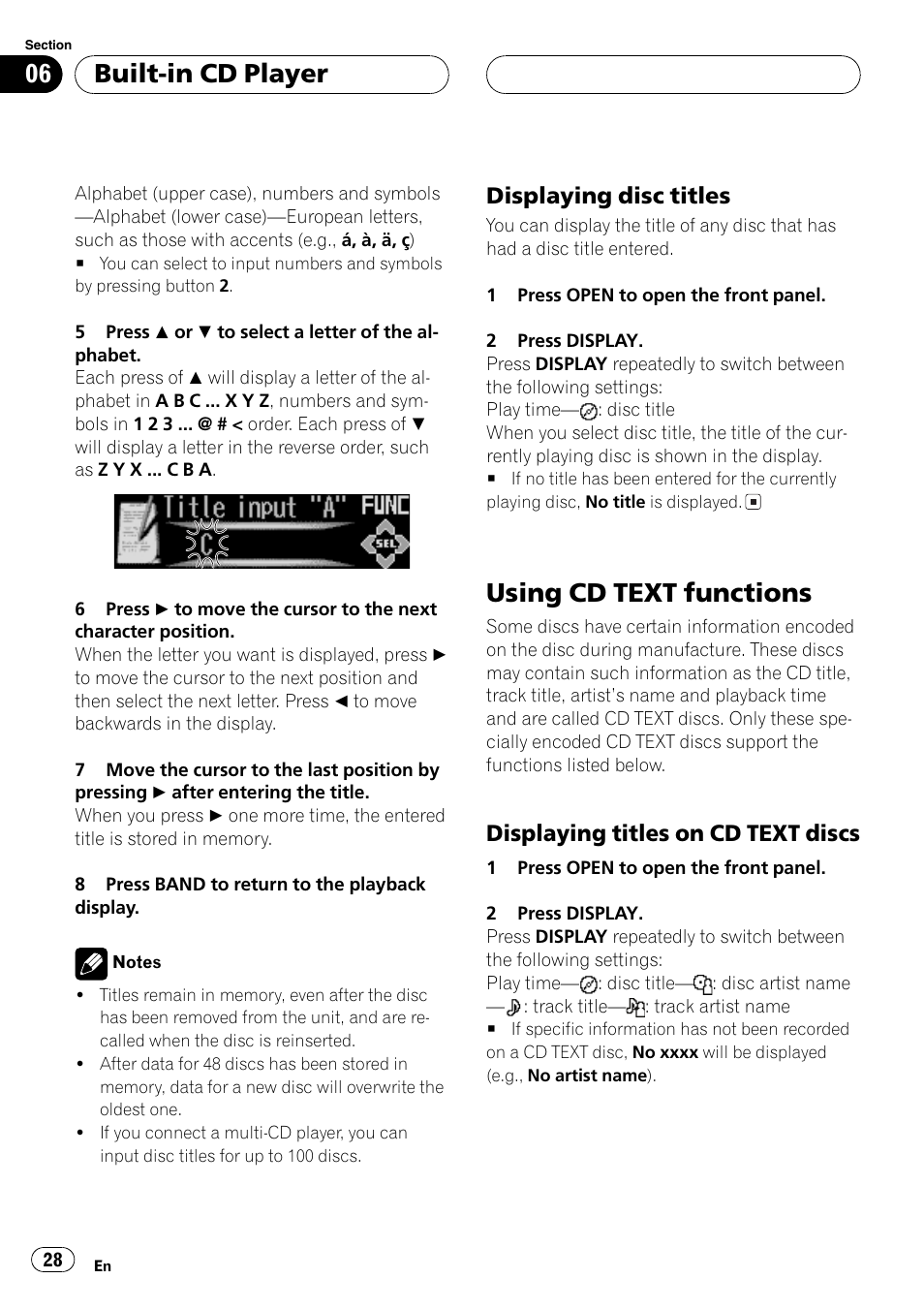 Displaying disc titles 28, Using cdtext functions 28, Displaying titles on cd text | Discs 28, Using cd text functions, Built-in cd player, Displaying disc titles, Displaying titles on cd text discs | Pioneer DEH-P9600MP User Manual | Page 28 / 164