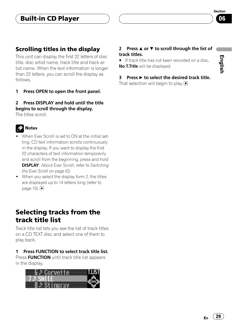 Scrolling titles in the display 29, Selecting tracks from the track title list 29, Selecting tracks from the track title list | Built-in cd player | Pioneer DEH-P9600MP User Manual | Page 29 / 164