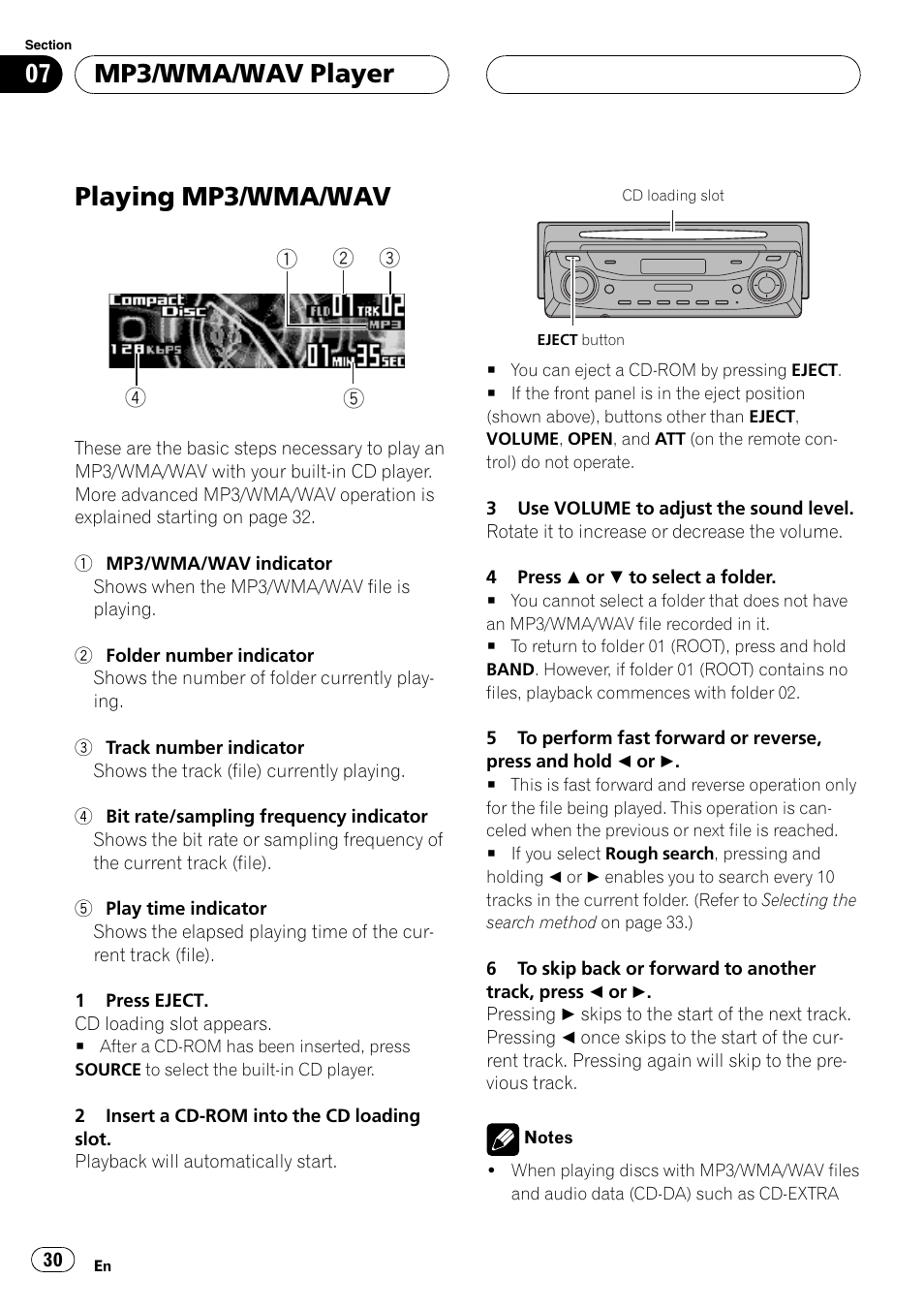 Mp3/wma/wav player, Playing mp3/wma/wav 30, Playing mp3/wma/wav | Pioneer DEH-P9600MP User Manual | Page 30 / 164