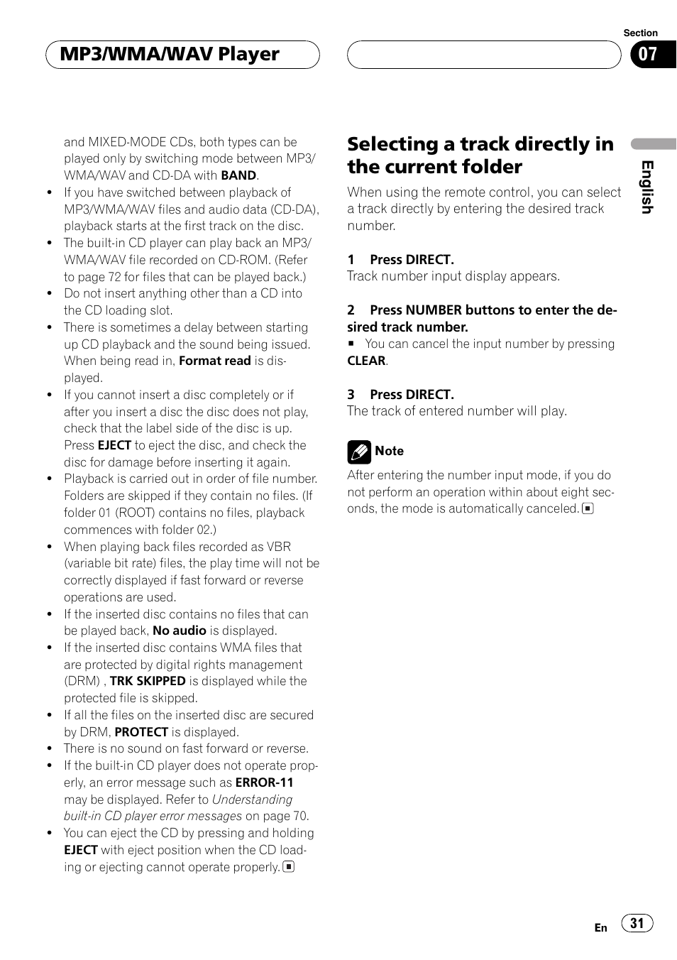 Selecting a track directly in the current, Folder 31, Selecting a track directly in the current folder | Mp3/wma/wav player | Pioneer DEH-P9600MP User Manual | Page 31 / 164