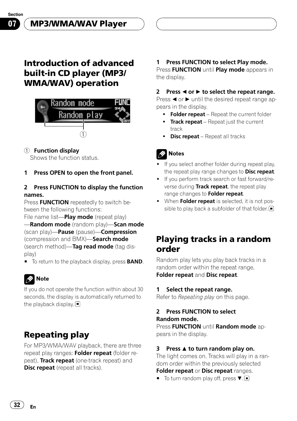 Introduction of advanced built-in cdplayer, Mp3/wma/wav) operation 32, Repeating play 32 | Playing tracks in a random order 32, Repeating play, Playing tracks in a random order, Mp3/wma/wav player | Pioneer DEH-P9600MP User Manual | Page 32 / 164