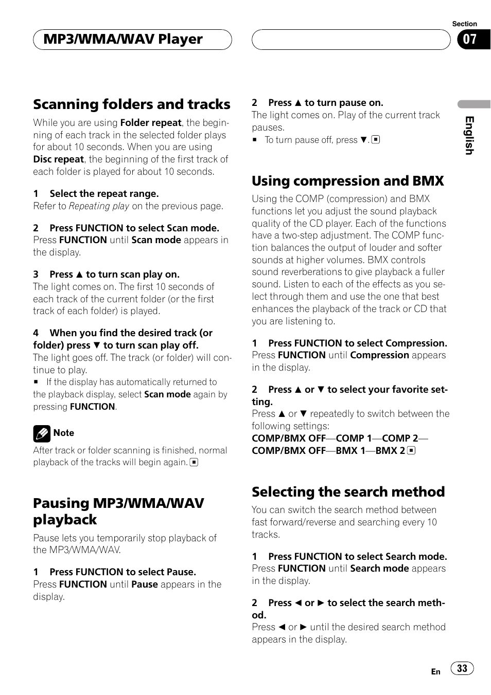Scanning folders and tracks 33, Pausing mp3/wma/wav playback 33, Using compression and bmx 33 | Selecting the search method 33, Scanning folders and tracks, Pausing mp3/wma/wav playback, Using compression and bmx, Selecting the search method, Mp3/wma/wav player | Pioneer DEH-P9600MP User Manual | Page 33 / 164