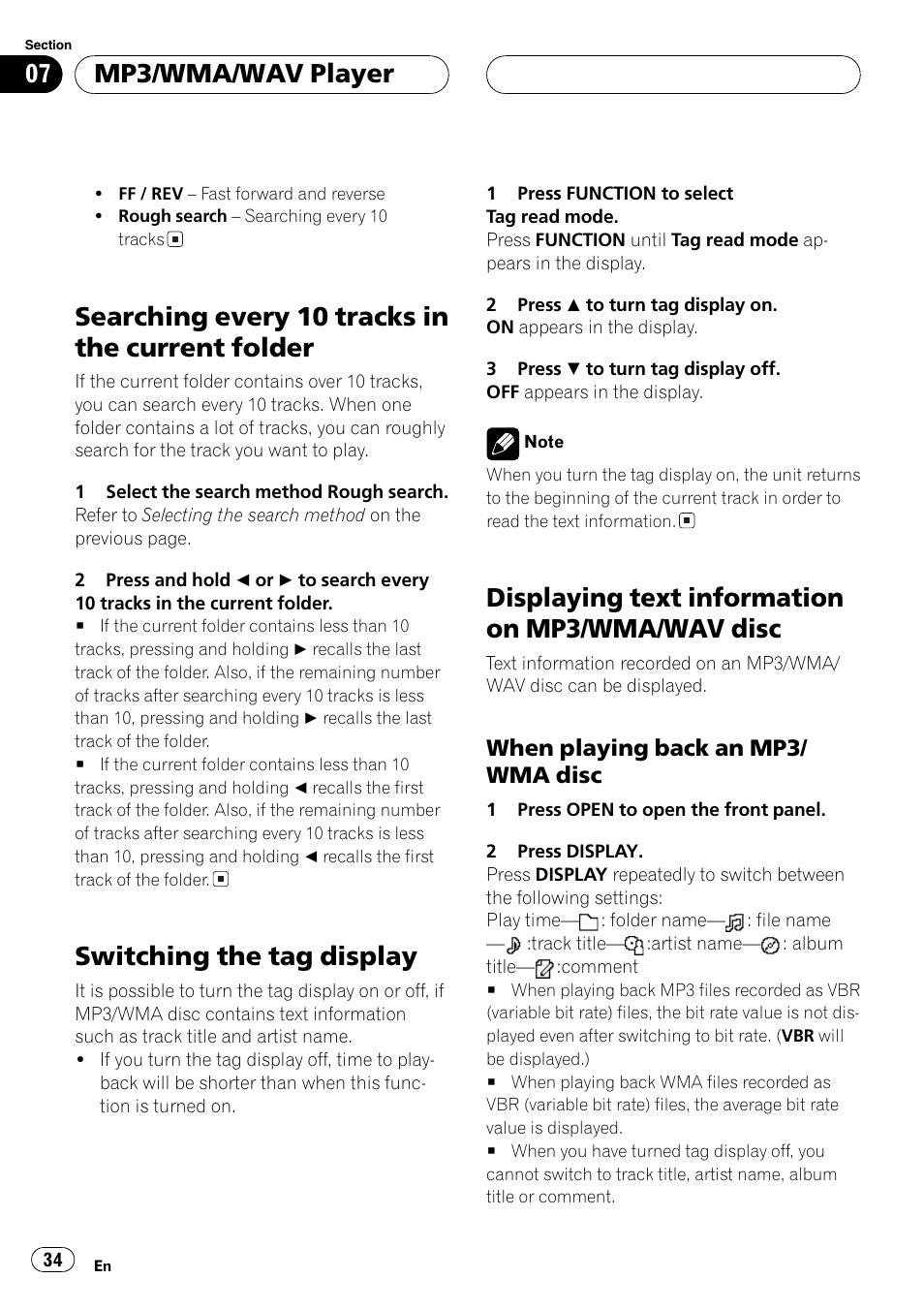 Searching every 10 tracks in the current, Folder 34, Switching the tag display 34 | Displaying text information on mp3/wma, Wav disc 34, When playing back an mp3/wma, Disc 34, Searching every 10 tracks in the current folder, Switching the tag display, Displaying text information on mp3/wma/wav disc | Pioneer DEH-P9600MP User Manual | Page 34 / 164