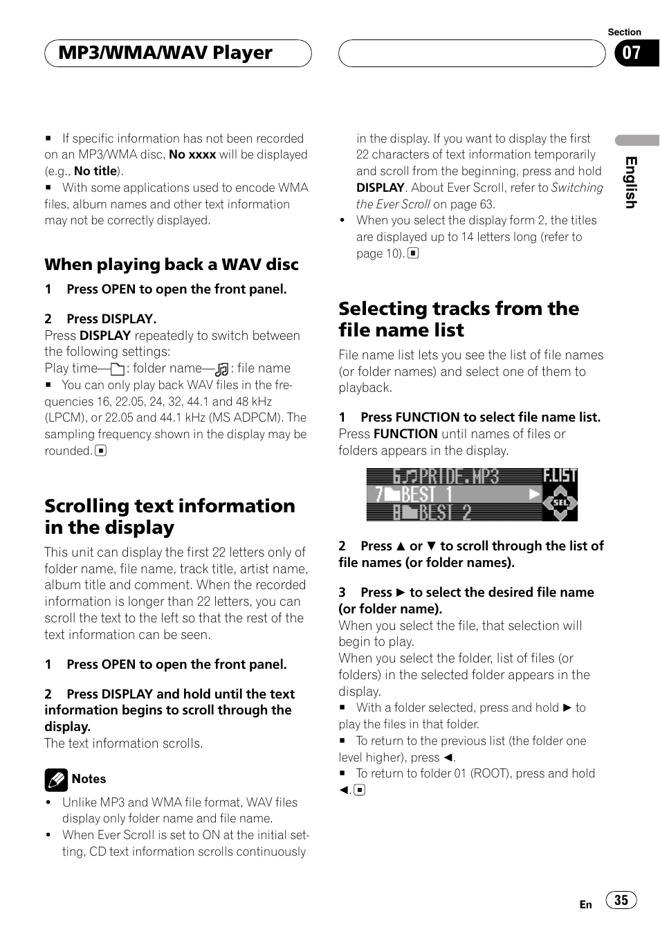 When playing back a wav disc 35, Scrolling text information in the display 35, Selecting tracks from the file name list 35 | Scrolling text information in the display, Selecting tracks from the file name list, Mp3/wma/wav player | Pioneer DEH-P9600MP User Manual | Page 35 / 164