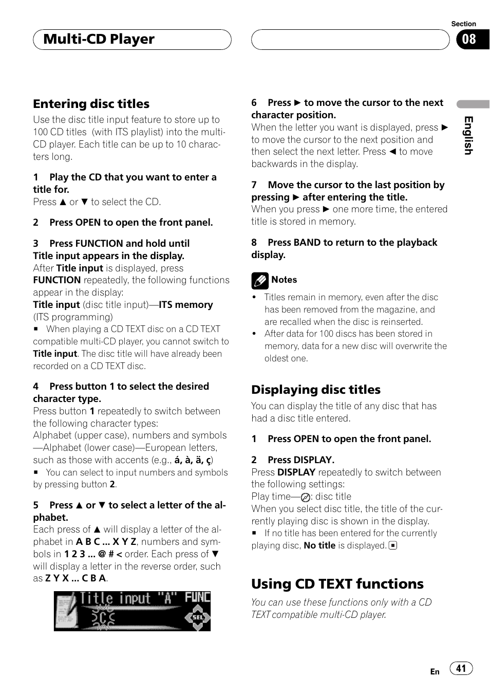 Entering disc titles 41, Displaying disc titles 41, Using cdtext functions 41 | Using cd text functions, Multi-cd player, Entering disc titles, Displaying disc titles | Pioneer DEH-P9600MP User Manual | Page 41 / 164