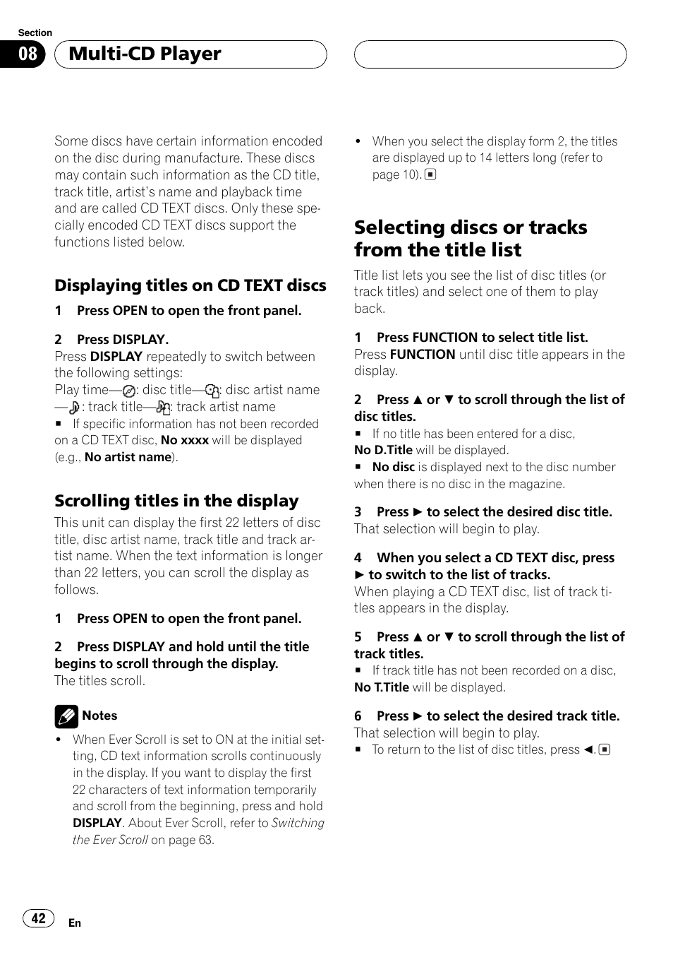 Displaying titles on cd text, Discs 42, Scrolling titles in the display 42 | Selecting discs or tracks from the title, List 42, Selecting discs or tracks from the title list, Multi-cd player, Displaying titles on cd text discs, Scrolling titles in the display | Pioneer DEH-P9600MP User Manual | Page 42 / 164
