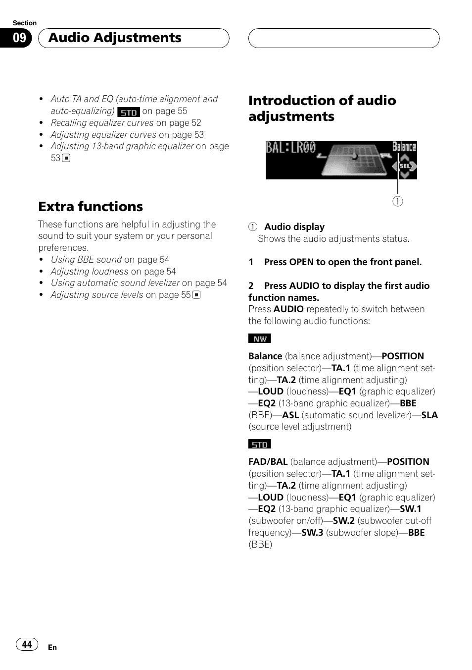 Extra functions 44, Introduction of audio adjustments 44, Extra functions | Introduction of audio adjustments, Audio adjustments | Pioneer DEH-P9600MP User Manual | Page 44 / 164