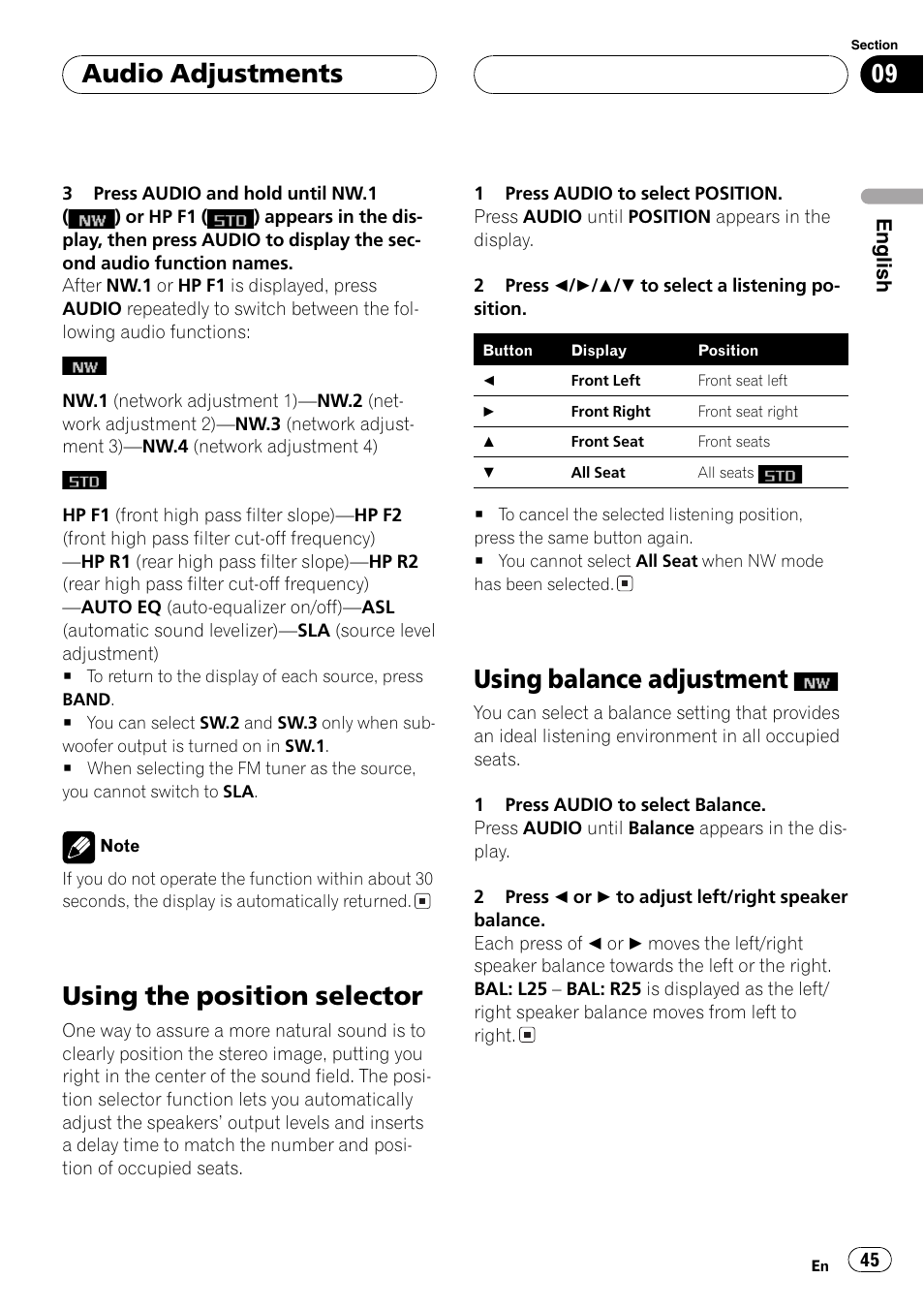 Using the position selector 45, Using balance adjustment, Using the position selector | Audio adjustments | Pioneer DEH-P9600MP User Manual | Page 45 / 164