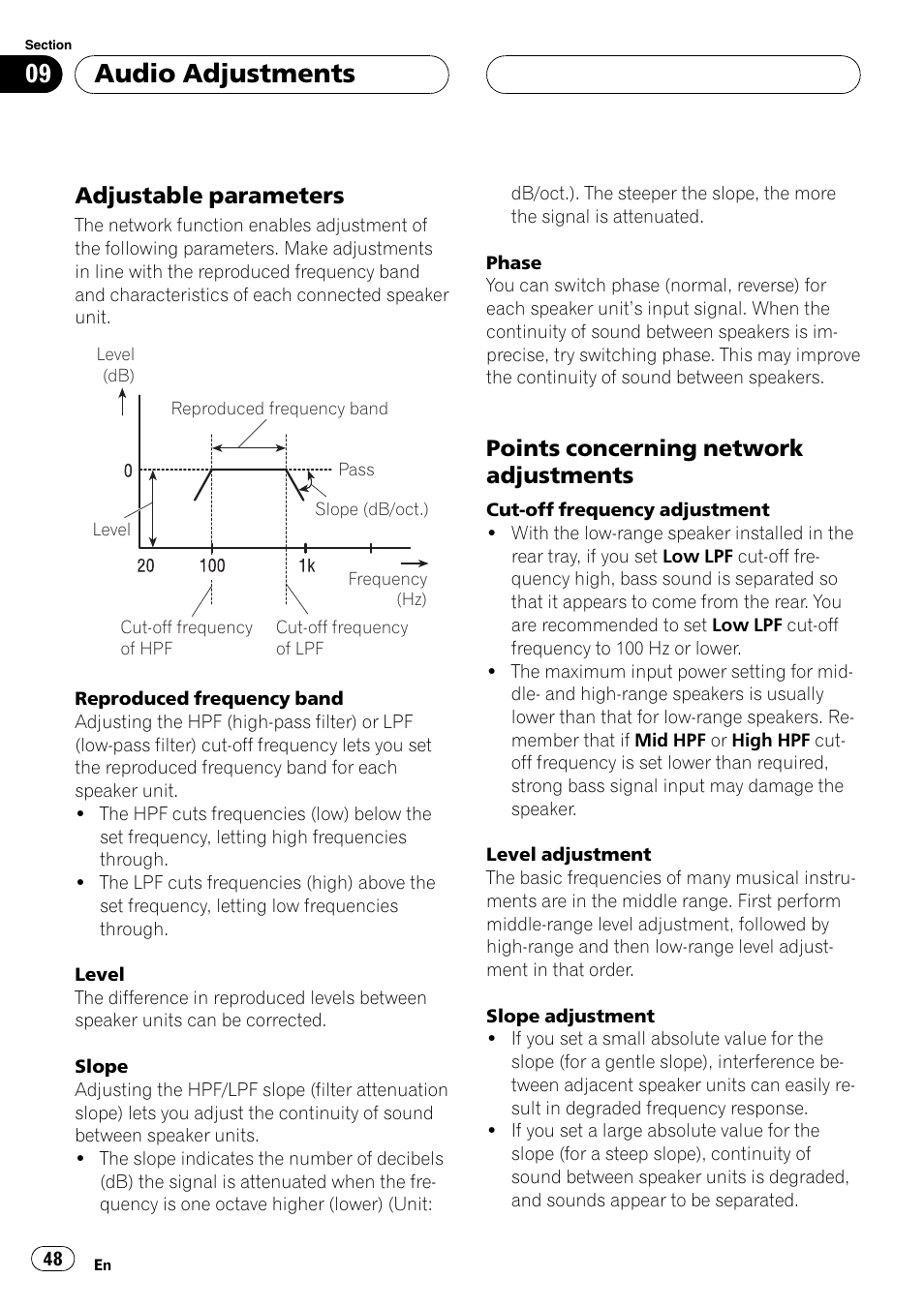 Adjustable parameters 48, Points concerning network, Adjustments 48 | Audio adjustments, Adjustable parameters, Points concerning network adjustments | Pioneer DEH-P9600MP User Manual | Page 48 / 164