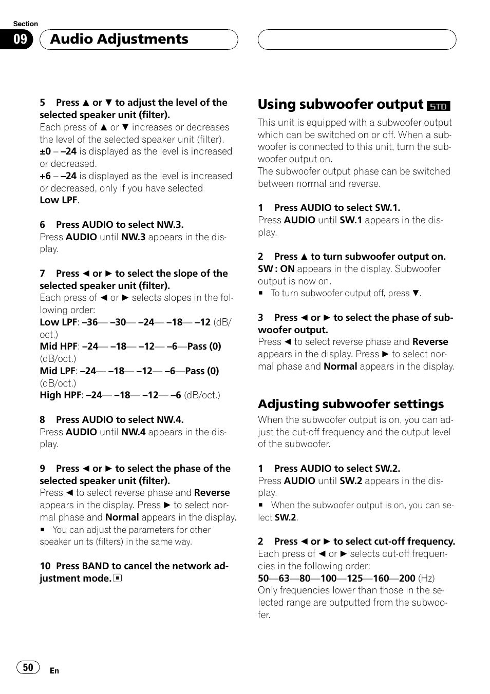 Using subwoofer output, Adjusting subwoofer settings 50, Audio adjustments | Adjusting subwoofer settings | Pioneer DEH-P9600MP User Manual | Page 50 / 164