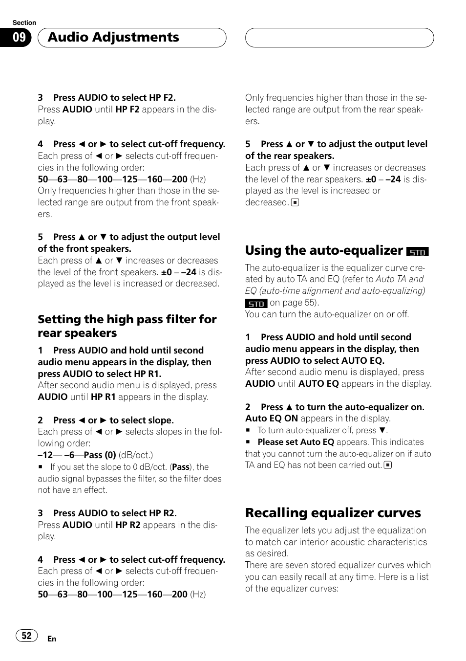 Setting the high pass filter for rear, Speakers 52, Using the auto-equalizer | Recalling equalizer curves 52, Setting the high pass filter for rear speakers, Recalling equalizer curves, Audio adjustments | Pioneer DEH-P9600MP User Manual | Page 52 / 164