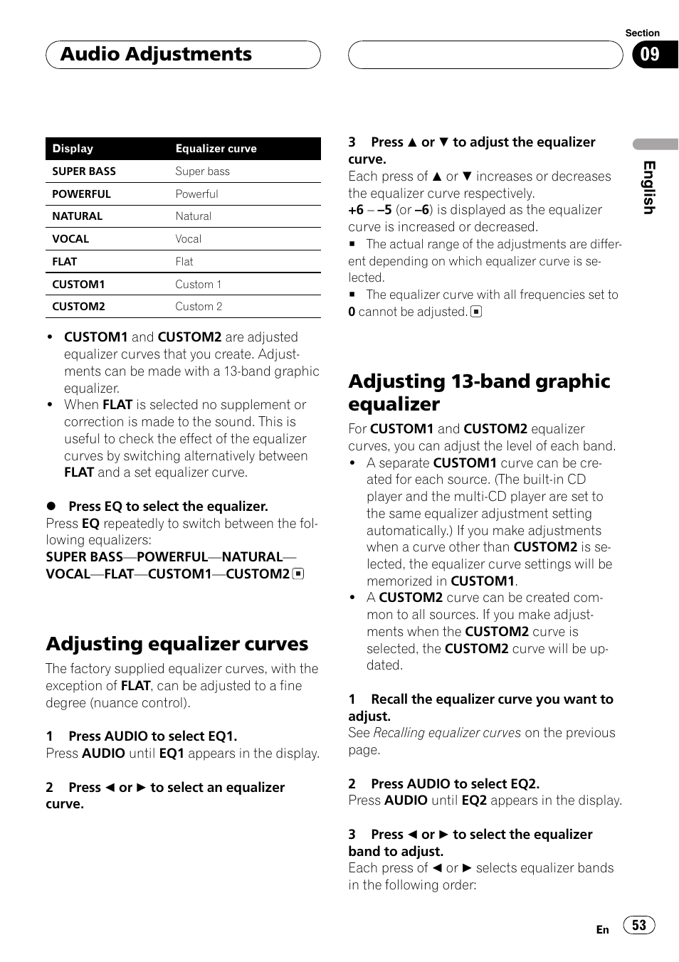 Adjusting equalizer curves 53, Adjusting 13-band graphic equalizer 53, Adjusting equalizer curves | Adjusting 13-band graphic equalizer, Audio adjustments | Pioneer DEH-P9600MP User Manual | Page 53 / 164