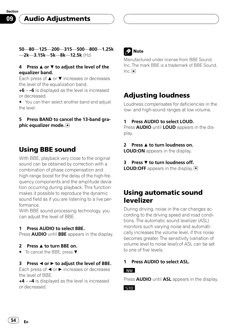 Using bbe sound 54, Adjusting loudness 54, Using automatic sound levelizer 54 | Using bbe sound, Adjusting loudness, Using automatic sound levelizer, Audio adjustments | Pioneer DEH-P9600MP User Manual | Page 54 / 164