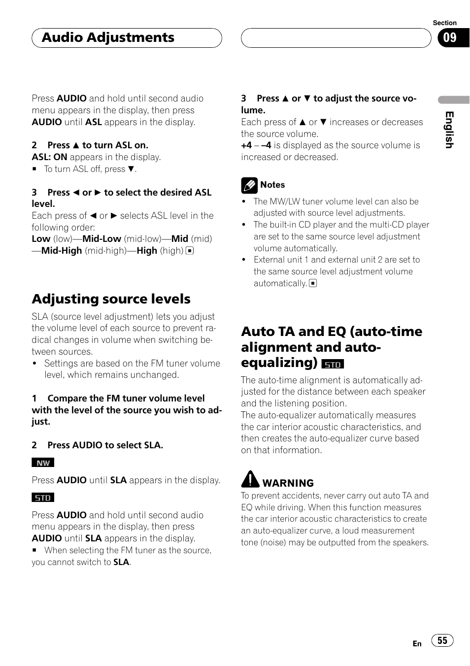 Adjusting source levels 55, Auto ta and eq (auto-time alignment and, Auto-equalizing) | Adjusting source levels, Audio adjustments | Pioneer DEH-P9600MP User Manual | Page 55 / 164