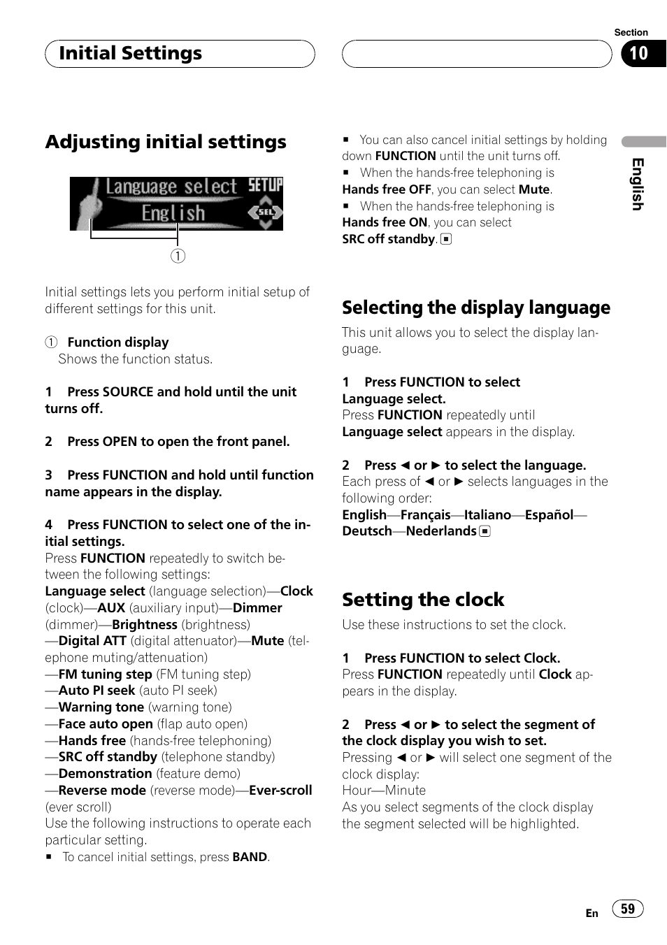 Initial settings, Adjusting initial settings 59, Selecting the display language 59 | Setting the clock 59, Adjusting initial settings, Selecting the display language, Setting the clock | Pioneer DEH-P9600MP User Manual | Page 59 / 164