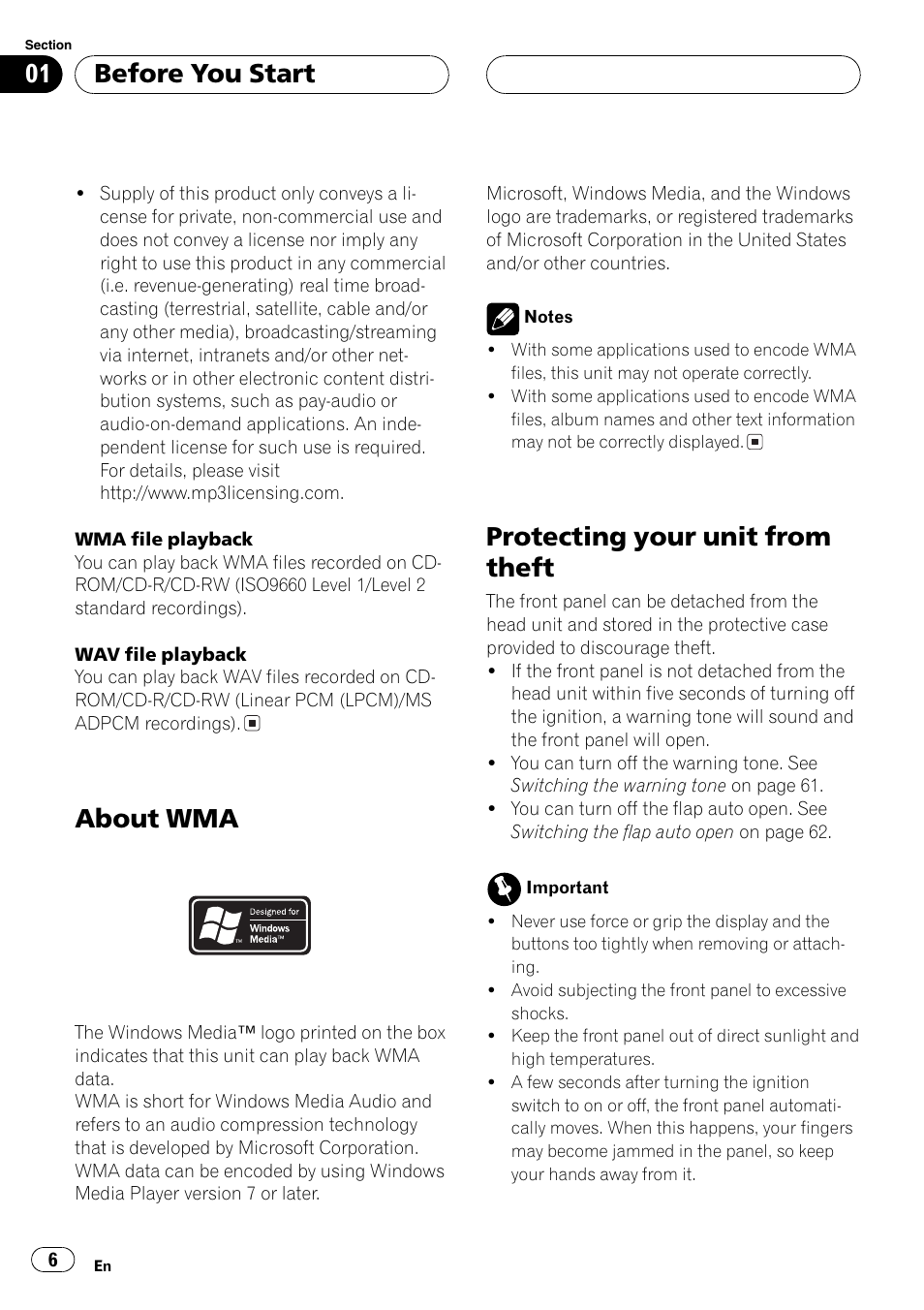 About wma 6, Protecting your unit from theft 6, About wma | Protecting your unit from theft, Before you start | Pioneer DEH-P9600MP User Manual | Page 6 / 164