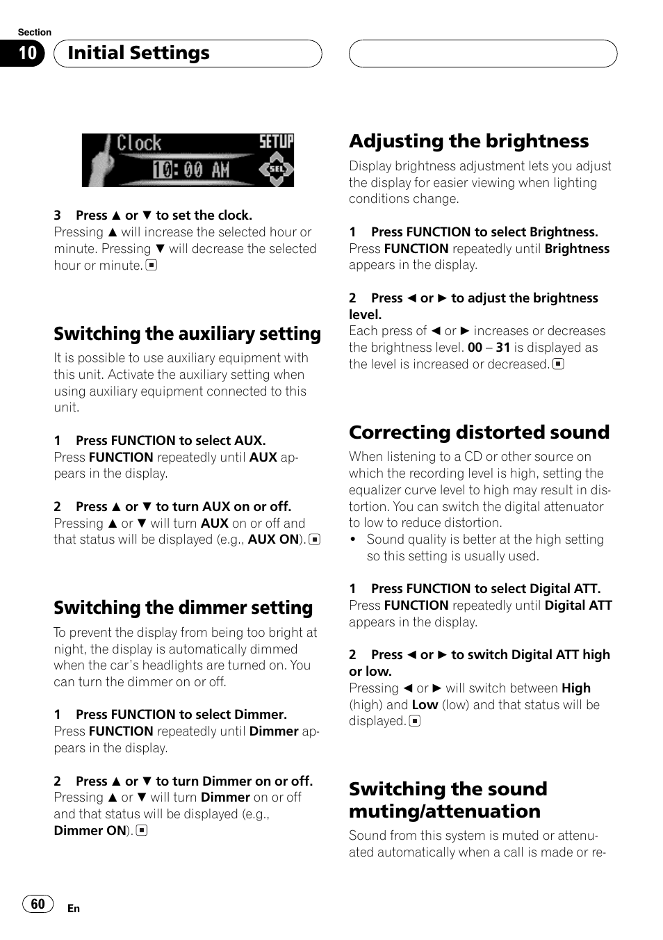 Switching the auxiliary setting 60, Switching the dimmer setting 60, Adjusting the brightness 60 | Correcting distorted sound 60, Switching the sound muting/attenuation 60, Switching the auxiliary setting, Switching the dimmer setting, Adjusting the brightness, Correcting distorted sound, Switching the sound muting/attenuation | Pioneer DEH-P9600MP User Manual | Page 60 / 164