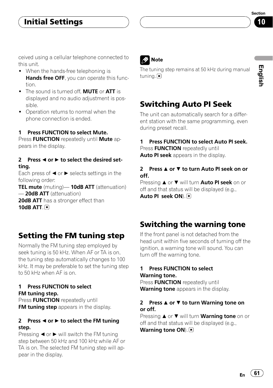 Setting the fm tuning step 61, Switching auto pi seek 61, Switching the warning tone 61 | Setting the fm tuning step, Switching auto pi seek, Switching the warning tone, Initial settings | Pioneer DEH-P9600MP User Manual | Page 61 / 164