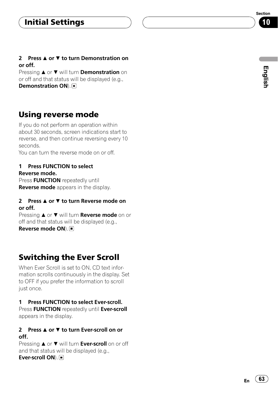 Using reverse mode 63, Switching the ever scroll 63, Using reverse mode | Switching the ever scroll, Initial settings | Pioneer DEH-P9600MP User Manual | Page 63 / 164